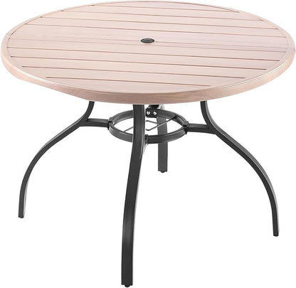 VEVOR Outdoor Patio Dining Table, 41 inch Round Wood-Like Steel Slat Backyard Bistro Coffee Tables for 4, with 1.5 in Umbrella Hole, Outside All-Weather Large Furniture for Lawn Garden Porch