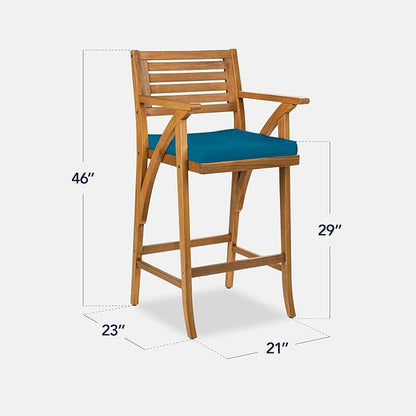 Best Choice Products Set of 2 Outdoor Acacia Wood Bar Stools Bar Chairs for Patio, Pool, Garden w/Weather-Resistant Cushions - Peacock Blue