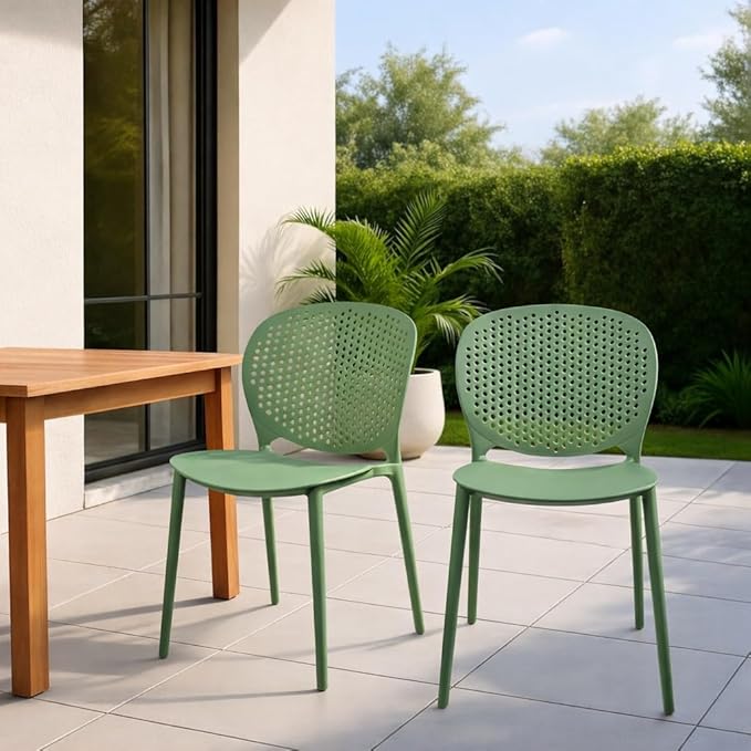 Green Plastic Patio Dining Chair Set of 2, Stackable & Weatherproof