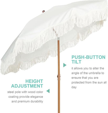 AMMSUN Boho Fringe Umbrella Outdoor Patio, 6.5ft UPF50+ Picnic Umbrella with Tassels with Steel Pole and Push Button Tilt, Antique White