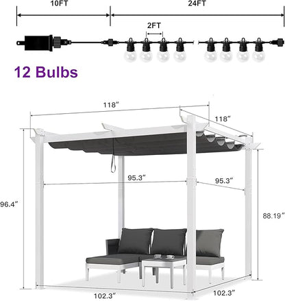 PURPLE LEAF 10' x 10' Outdoor Aluminum Pergola White Heavy-Duty Retractable Pergola with Light Patio Metal with Double Sun Shade Canopy for Backyard Gardens Deck, Grey