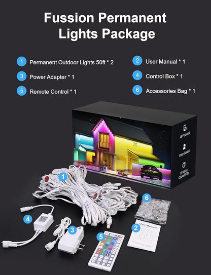 Fussion Permanent Outdoor Lights for House, 100ft RGB Halloween House Lights Outdoor with APP Remote Control, IP67 Waterproof Smart Eternity Eaves Lighting for Christmas, Holiday, Party, Daily