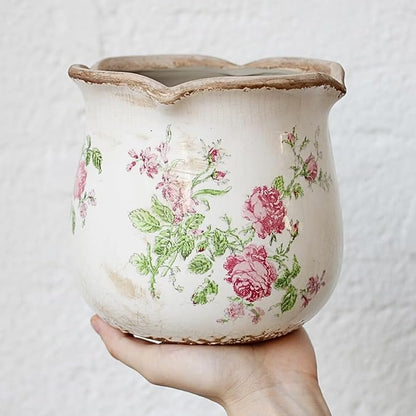 Shabby Chic Flower Pot, 6.11 Inch Ceramic Planter with Drainage for Indoor Plants, Vintage Ceramic Vase, Country Chic Spring Garden Home Decor, Pink Rose Floral