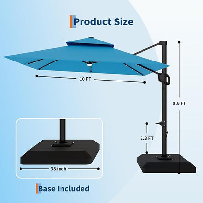 Garvee 10 ft Cantilever Patio Umbrella with Solar Lights, 360° Rotation Offset Umbrella, Easy Crank & Tilt Adjustment, UV Protection for Backyard, Poolside, Deck -Turquoise