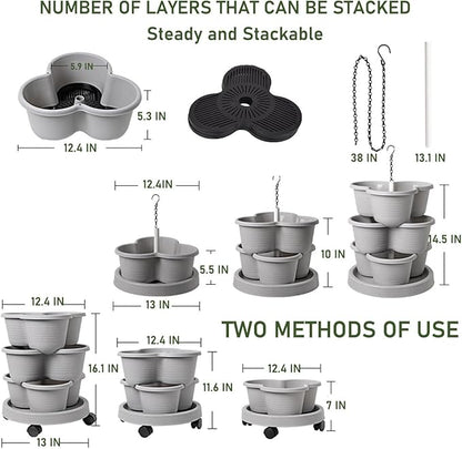 Vertical Strawberry Planter 3 Tier Hanging Vertical Gardening Stackable Planter, Hanging Strawberry Planter Pot for Strawberries, Flowers, Herbs, Vegetables with Removable Wheels and Hooks