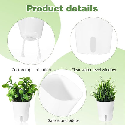 20 Pcs 3 Inch Self Watering Pots for Indoor Plants, White Plastic Self Watering Planters with Wicking Rope Visual Water Level & Vent Holes for Succulents, Flowers Indoor Outdoor