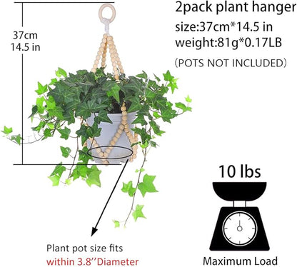 Artilady 2 Pack Beaded Plant Hanger Indoor - Macrame Hanging Planters for Plants Holder No Tassels with Wooden Beads Boho Farmhouse Rustic Home Decor (Wood Color Bead-2pcs)