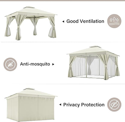 LAUSAINT HOME Semi-Permanent Outdoor Patio Gazebo 12'x12', Heavy Duty Party Tent Shelter with Double Roofs, Mosquito Nettings and Privacy Screens for Backyard, Garden, Lawn, Cream White