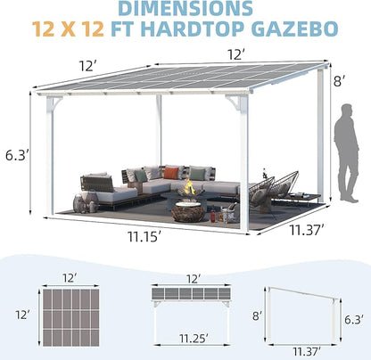 AECOJOY 12' x 12' White Gazebo Outdoor Pergola for Patio, Large Wall-Mounted Hard Top Lean to Metal Gazebo Shelter Pergolas and Gazebos Clearance with Patio Roof, Heavy Duty Awnings for Patio