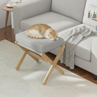 Foldable Foot Stool Ottoman, Modern Foot Rest with Bamboo X Legs & Thick Foam Cushion, Folding Foot Stools Small Padded for Bedroom Living Room, Footstool for Chair Couch (Natural - Grey)