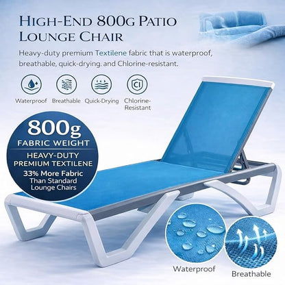 Kozyard Outdoor Chaise Lounge Chair, Full Flat Adjustable Patio Lounger with Aluminum Frame & Resin Legs, Textilene Fabric for Poolside, Backyard & Beach (Aqua/WhiteFrame, Chair Without Table)