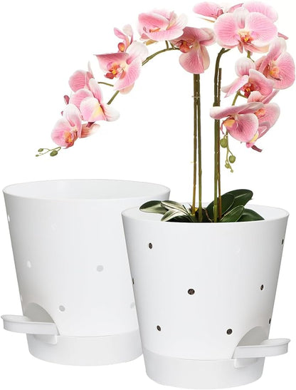 Orchid Pots with Holes, 6 Inch Self Watering Orchid Pot 2 Pack Plastic Plant Pots for Orchid, Flower (White)