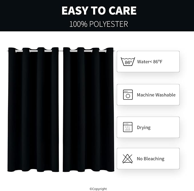Water Proof Outside Curtains with Grommet Top for Porch, W52 x L120 Thermal Insulated Washable Light Block Outdoor Divider Drapes for Patio Gazebo Deck Pool Area Pergola Cabana (Black, 2 Panels)