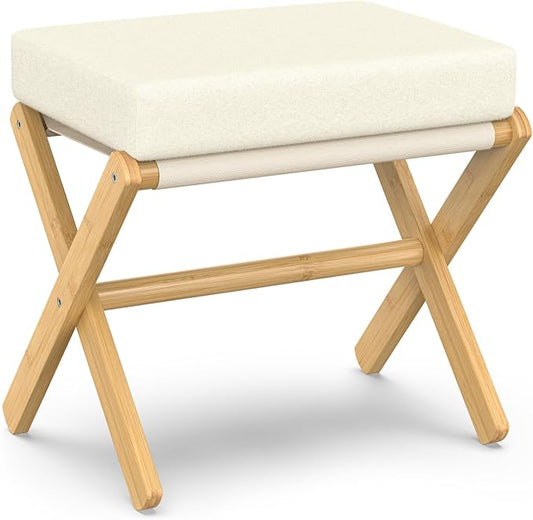 Foldable Foot Stool Ottoman, Modern Foot Rest with Bamboo X Legs & Thick Foam Cushion, Folding Foot Stools Small Padded for Bedroom Living Room, Footstool for Chair Couch (Natural - Beige)