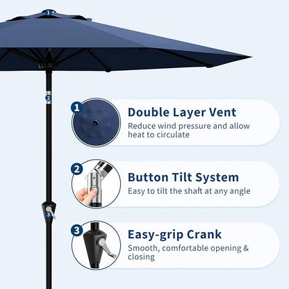 Garvee 9FT Patio Umbrella - Outdoor Table Umbrella with Smooth Crank Lift, Push Button Tilt and 8 Sturdy Ribs - Market Umbrella UV Protection Waterproof for Pool, Deck, Yard, Garden (Navy Blue)