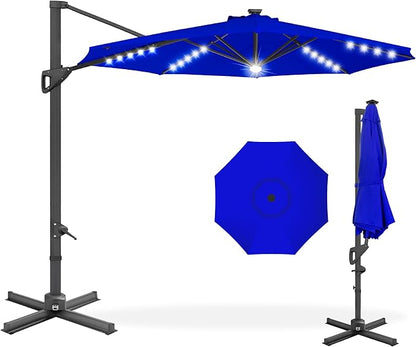 Best Choice Products 10ft Solar LED Cantilever Patio Umbrella, 360-Degree Rotation Hanging Offset Market Outdoor Sun Shade for Backyard, Deck, Poolside w/Lights, Easy Tilt, Cross Base