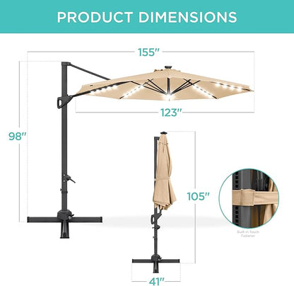 Best Choice Products 10ft Solar LED Cantilever Patio Umbrella, 360-Degree Rotation Hanging Offset Market Outdoor Sun Shade for Backyard, Deck, Poolside w/Lights, Easy Tilt, Cross Base