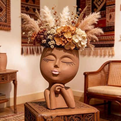 Face Flower Pot Head Planter, Girl Heads Flowerpot, Lady Faces Plant Pot, Female Bust Statue Succulent Pots with Drainage Hole for Indoor Outdoor Plants, Modern Human Art Vase(7" Brown)