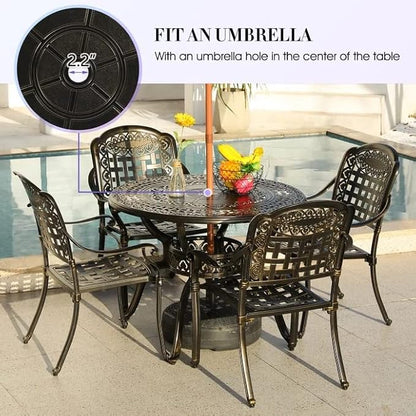Patio Dining Table,Cast Aluminum Patio Table with Umbrella Hole, Outdoor Bistro Table for Backyard, Garden, Patio