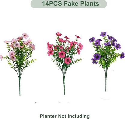 Artificial Flowers for Outdoor, UV Resistant Fake Silk Flowers, Realistic Faux Plants for Outside Indoor Porch Patio Window Box Planter Home Decor (14, Purple Rosy Pink)