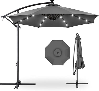 Best Choice Products 10ft Solar LED Offset Cantilever Hanging Market Patio Umbrella, 8 Sturdy Ribs, Easy Adjustment - Gray
