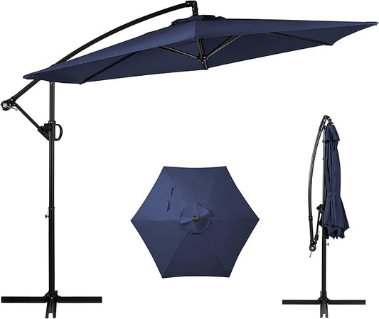 Shintenchi Patio Offset Umbrella with Easy Tilt Adjustment,Crank and Cross Base, Outdoor Cantilever Hanging Umbrella, Sunshade Free Standing Canopy, Navy Blue