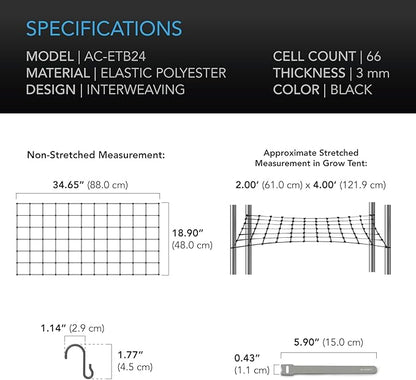 AC Infinity Grow Tent Trellis Netting 2x4', Heavy-Duty Elastic Plant Net with Steel Hooks, Flexible Hydroponics Support for Grow Tents, Gardening, and Horticulture