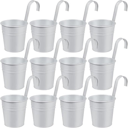 OBTANIM 12 Pack Metal Hanging Flower Pots Railing Planter Outdoor Fence Hanging Bucket Plant Holder with Detachable Hooks Drain Holes for Home Garden Yard Decor (White, 4 x 4 Inch)