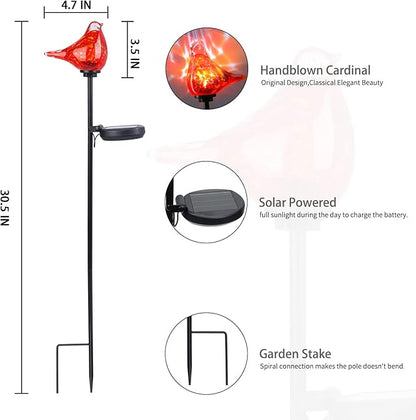 Bshine Solar Garden Decoration Outdoor Red Bird Lights, 2PCS Hand Blown Glass Waterproof Solar Light Stake Decorate Paths, Pathways, Lawns and Yards Art for Mom