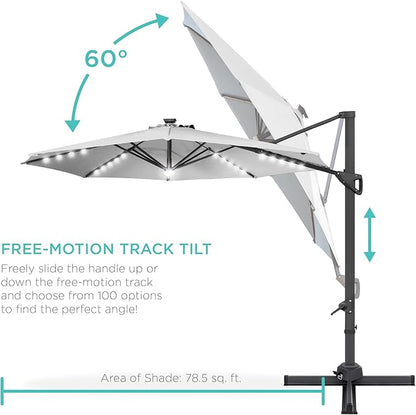 Best Choice Products 10ft Solar LED Cantilever Patio Umbrella, 360-Degree Rotation Hanging Offset Market Outdoor Sun Shade for Backyard, Deck, Poolside w/Lights, Easy Tilt, Cross Base
