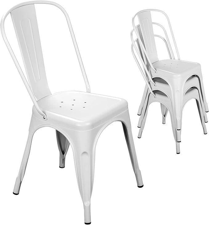 Patio Dining Chairs Matte White Metal Farmhouse Stackable Set of 4