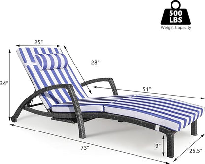 Chaise Lounge Chairs Outdoor Set of 2, Comfy Outside Wicker Patio Pool Lounge Chair w/ 5 Adjustable Back Angle, Cup Holder, Thicken Cushion