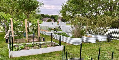 A ANLEOLIFE Set of 6, 18 Inch Tall Antique White Raised Garden Beds Kit, Heart-Shaped & Long Oval Planters for Custom Decorative Gardens.