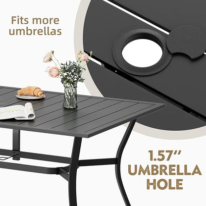 MELLCOM 63''x38'' Outdoor Dining Table for 6, E-Coating Metal Patio Dining Table with 1.57'' Umbrella Hole, All-Weather Black Rectangular Table for Porch, Garden, Backyard, Poolside, Lawn