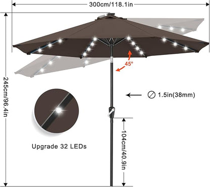 ABCCANOPY 10FT Durable Solar Led Patio Umbrellas with 32LED Lights (Brown)