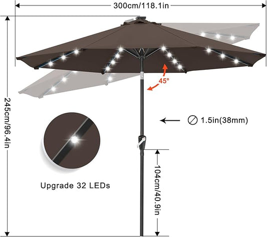 Durable Solar Led Patio Umbrellas with 32LED Lights ( ) in Brown, 10FT