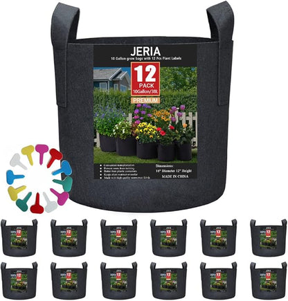 JERIA 12-Pack 10 Gallon Grow Bags, 300G Thickened Nonwoven Garden Pots,Heavy Duty Fabric Pots with Reinforced Handles