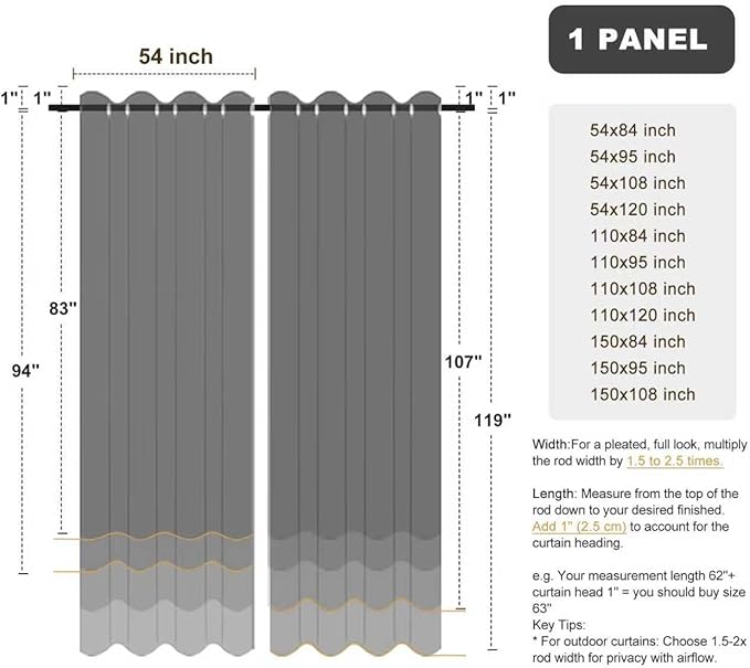 BONZER Waterproof Indoor/Outdoor Curtains for Patio Thick Privacy Extra Wide Grommet Curtains for Bedroom, Living Room, Porch, Pergola, Cabana, 1 Panel, 150W x 95L inch, Charcoal
