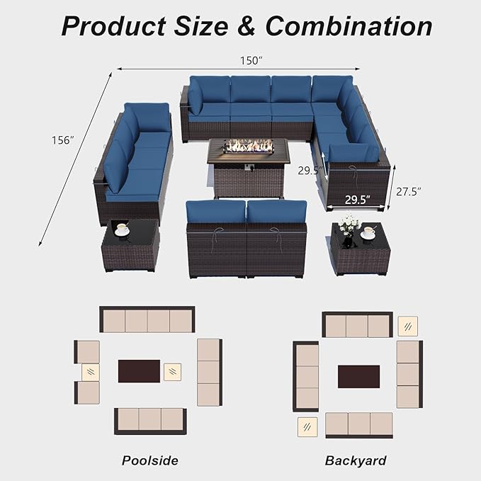 ALAULM Patio Furniture Set with Fire Pit Table 55000 BTU, Outdoor Sectional with Wide Seat and Thick Cushion, 15 Piece Wicker Rattan Conversation Set with Coffee Table for Garden, Deck, NavyBlue