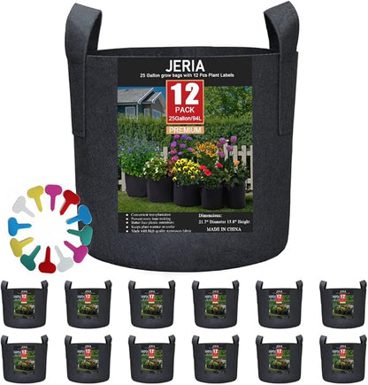 JERIA 12-Pack 25 Gallon Grow Bags, 300G Thickened Nonwoven Garden Pots,Heavy Duty Fabric Pots with Reinforced Handles