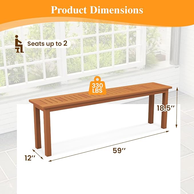 Backless Patio Bench, 59-Inch Natural Solid Wood with Slatted Seat