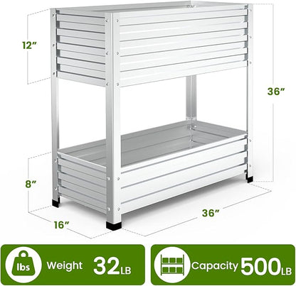 2-Tier Galvanized Raised Garden Bed with Legs, 36"x16"x36" Metal Elevated Planter Box (12" Top/8" Bottom Depth), 500LB Capacity for Vegetables, Herbs, Leafy Greens, Flowers on Patio Yard
