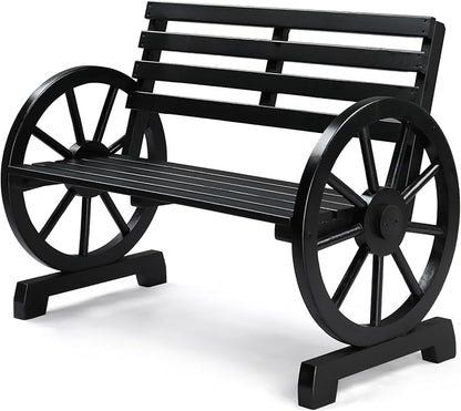 VINGLI Rustic Wooden Wheel Bench Outdoor Bench, Patio Bench Wagon Slatted Seat, Garden Benches for Outdoors 350lbs High Capacity, Weather Resistance (Black, 41in)