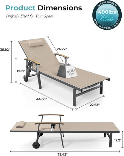 Ciokea Outdoor Lounge Chair with Pillow Set of 2, 5-Position Aluminum Chaise Lounge with Wheels & Armrests, 400 lbs Heavy Duty Patio Pool Chair for Backyard, Deck, Beach & Poolside, Khaki
