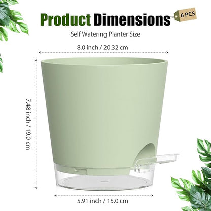 Plant Pots 8 Inch Self Watering Pots, 2 Pack Plastic Planters with Drainage Holes and Clear Saucers,Plastic Flower Pots for Indoor Out Door Plants (Green)