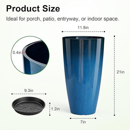 QCQHDU 21 inch Tall Planters for Outdoor & Indoor Plants, Set of 2 Large Outdoor Planters with Drainage Hole for Front Porch, Patio, Garden, Home Decor, Blue