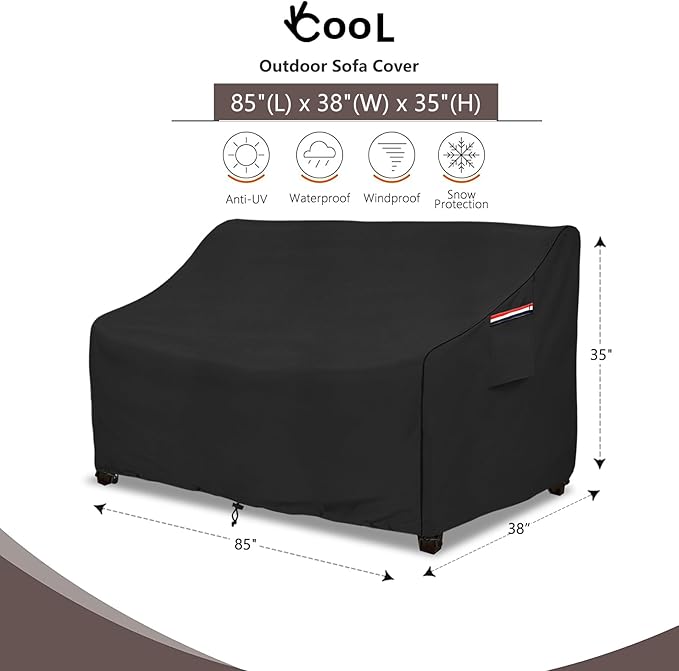 Patio Sofa Cover, Waterproof Polyester with Wind Straps, Black