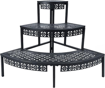 aboxoo 3 Tier Plant Stand Flower Pot Rack, Metal Stair-Step Style Corner Shelf Planters, Quarter Round Display Holder for Indoor Outdoor Use(Black, Semicircle)