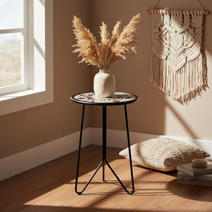 LIFFY Outdoor Side Table, 12" Small Patio Side Table for Outside, Indoor Round Home Decor End Table & Accent Table with Glass Top, Decorative Plant Table Stands for Garden Yard Porch Balcony