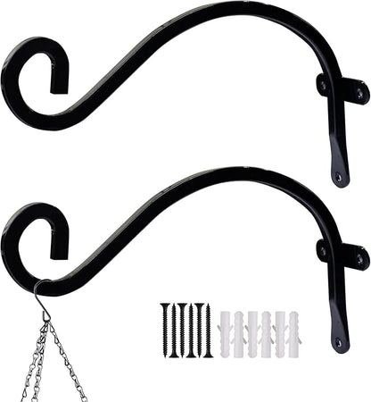 Hourleey 2 Pack Plant Hanger Outdoor, 8 Inch Heavy-Duty Hanging Plant Hook for Outside Basket, Black Metal Wall Mount Plant Bracket Hook for Flower Baskets Bird Feeder